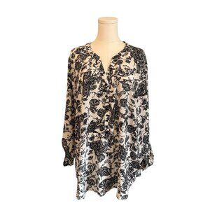 Women's 1X Black Paisley Floral Soft Stretch Pullover Relaxed Work Casual Blouse